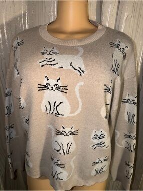 Beige Cat-Print Knit Sweater for Cats & Pet Lovers